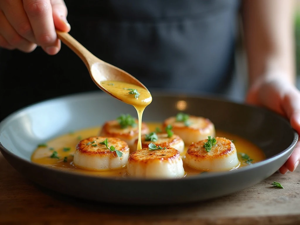 Preparing garlic cream sauce in the scallop skillet