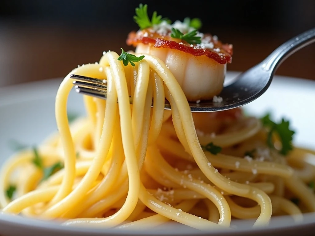 Close-up of scallop spaghetti garnished with bacon and parsley