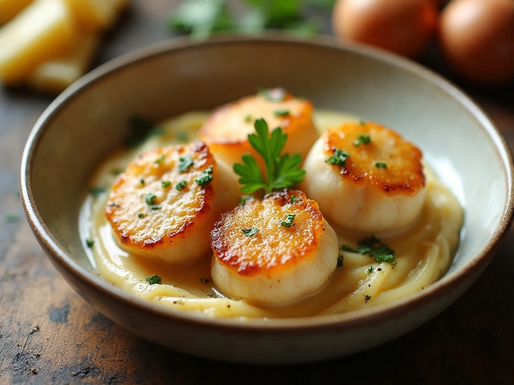 Golden sea scallops in creamy garlic Parmesan sauce served with pasta