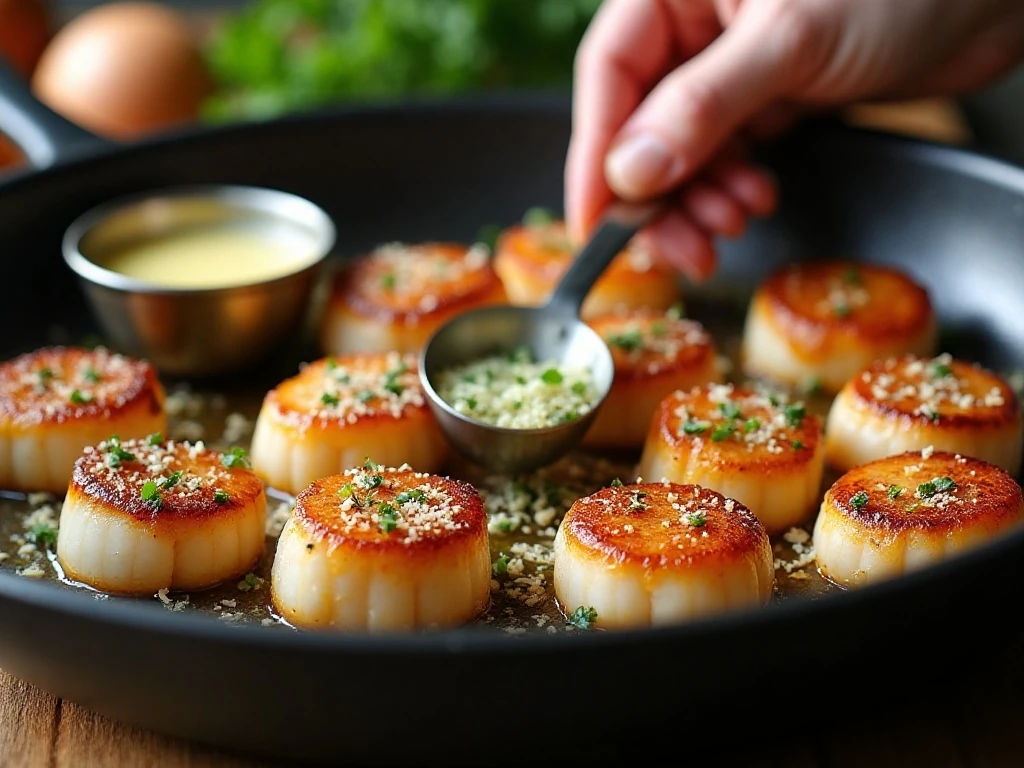 Sea scallops searing in a skillet for creamy garlic scallops