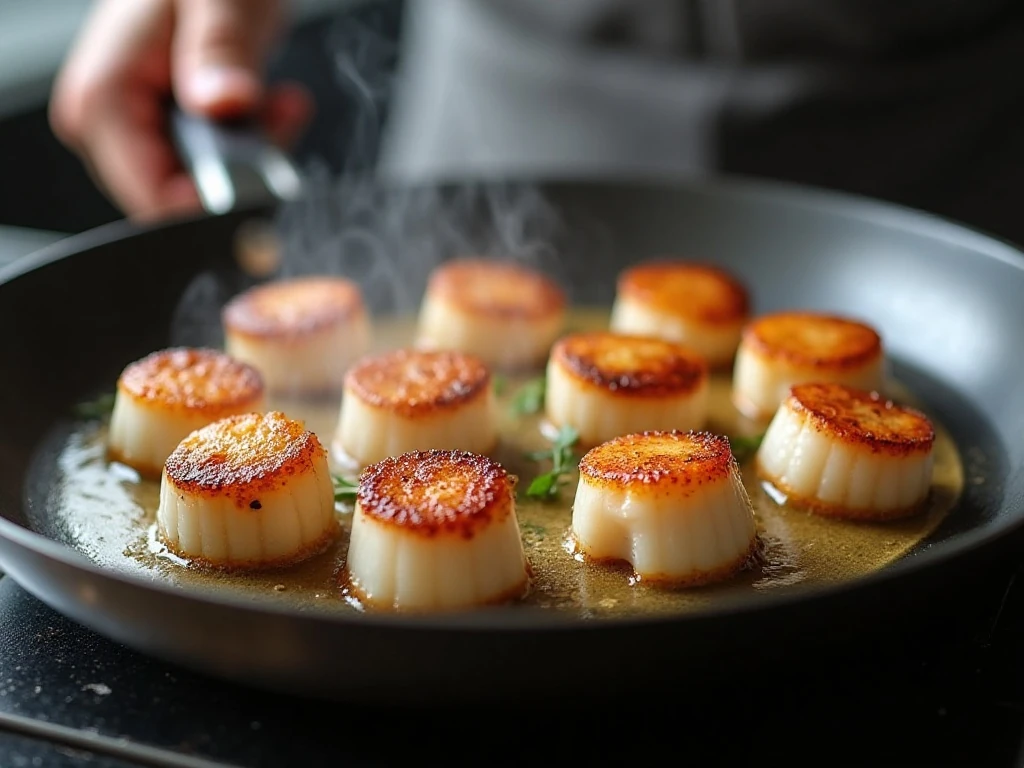 Large sea scallops developing a golden sear in a skillet