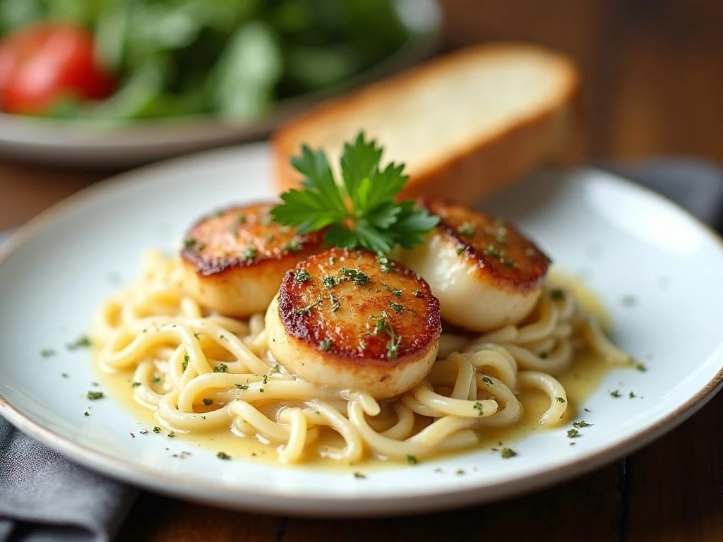 Creamy garlic scallops served over pasta with crusty bread
