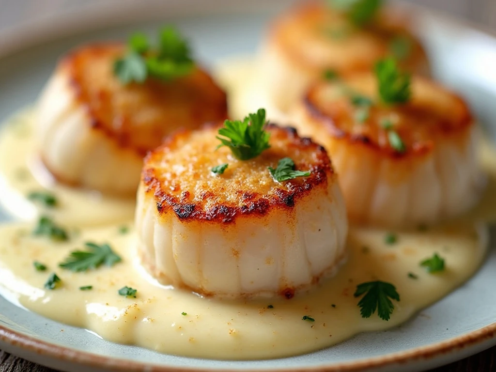 Close-up of tender scallops in smooth creamy garlic sauce