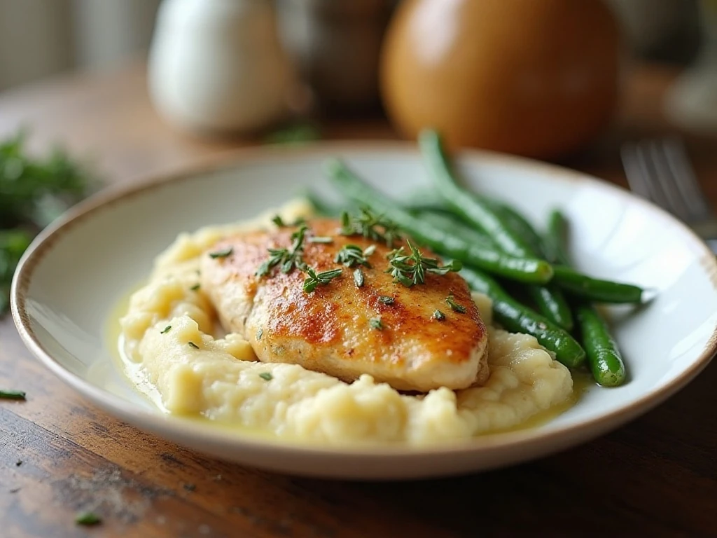 Creamy garlic thyme chicken served with mashed potatoes and green beans