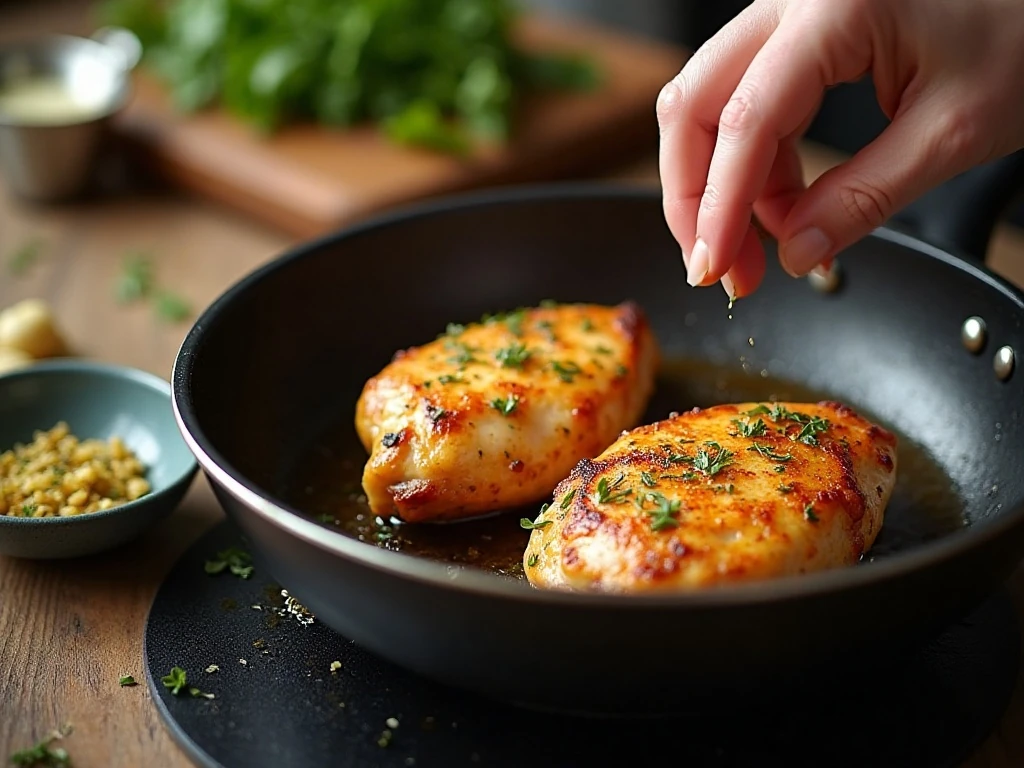 Chicken breasts searing in a skillet for creamy garlic thyme chicken