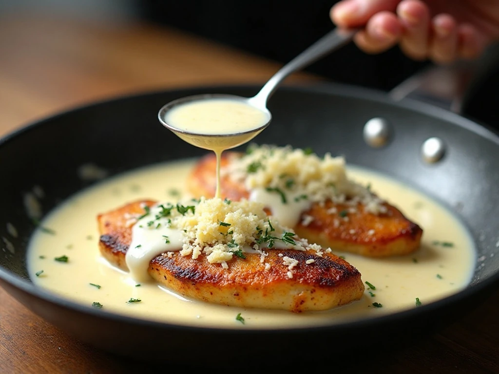 Smooth garlic Parmesan cream sauce simmering with thyme chicken