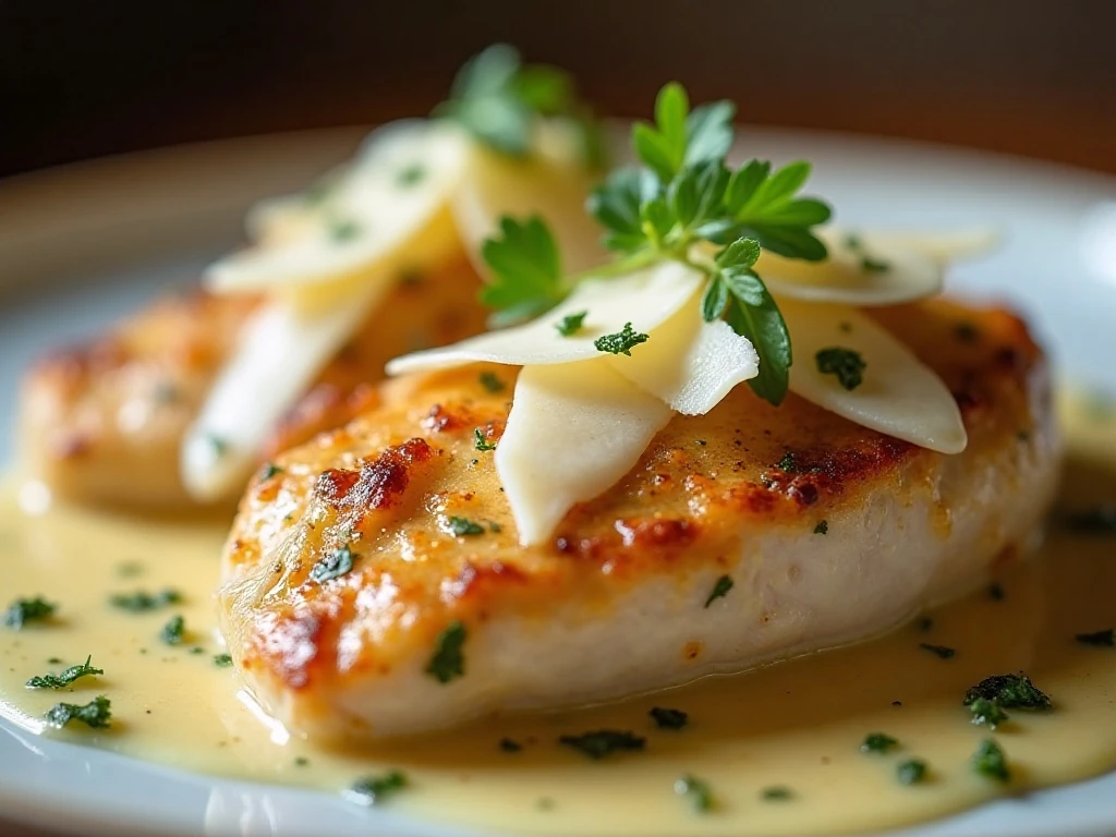 Close-up of creamy garlic thyme chicken garnished with parsley and thyme