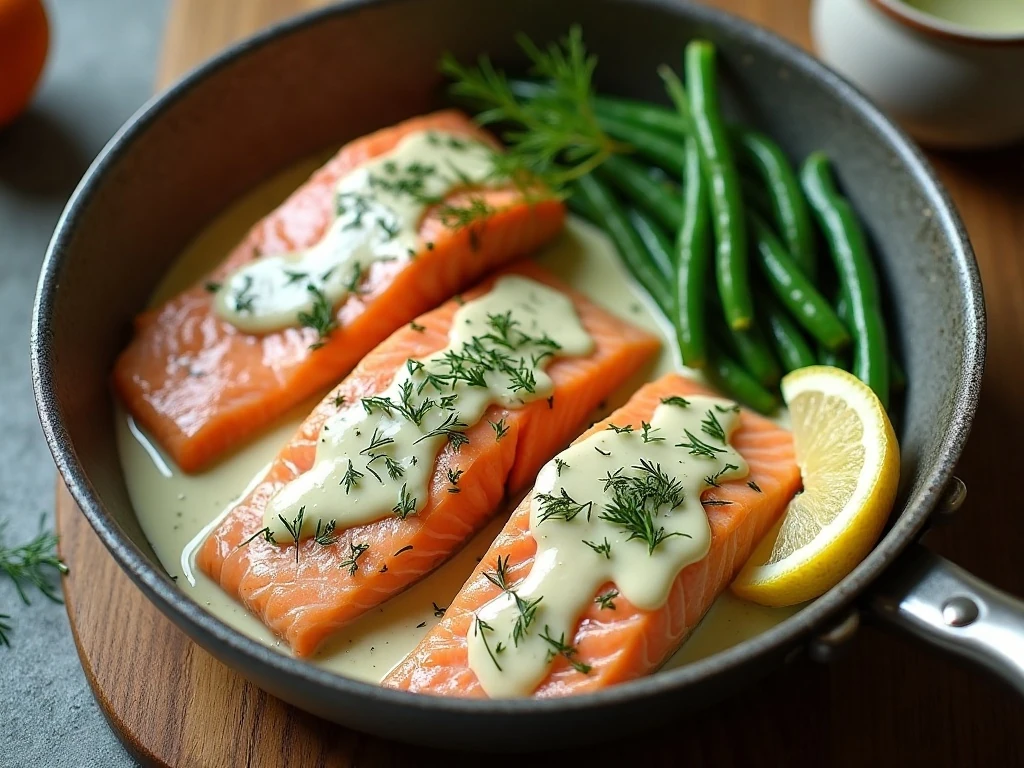 Creamy lemon dill salmon served with lemon wedges and green beans