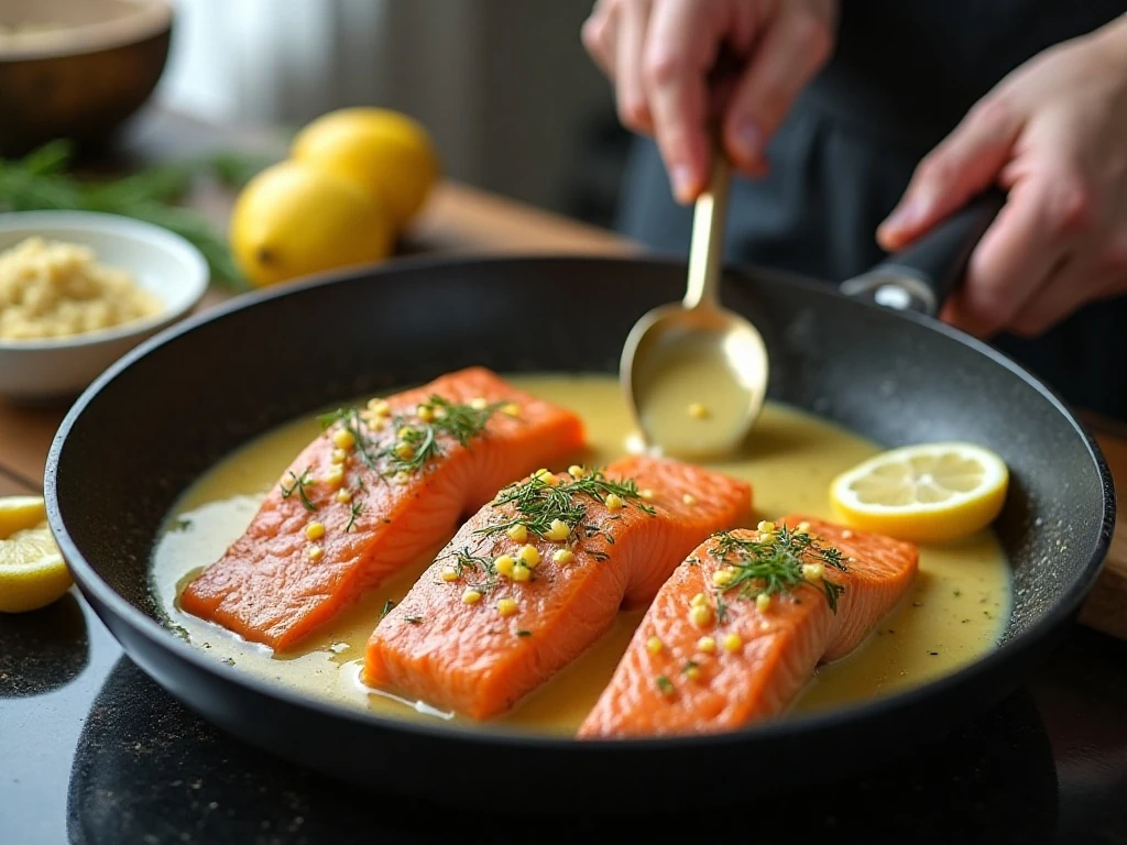 Salmon cooking in a skillet for a creamy lemon dill sauce