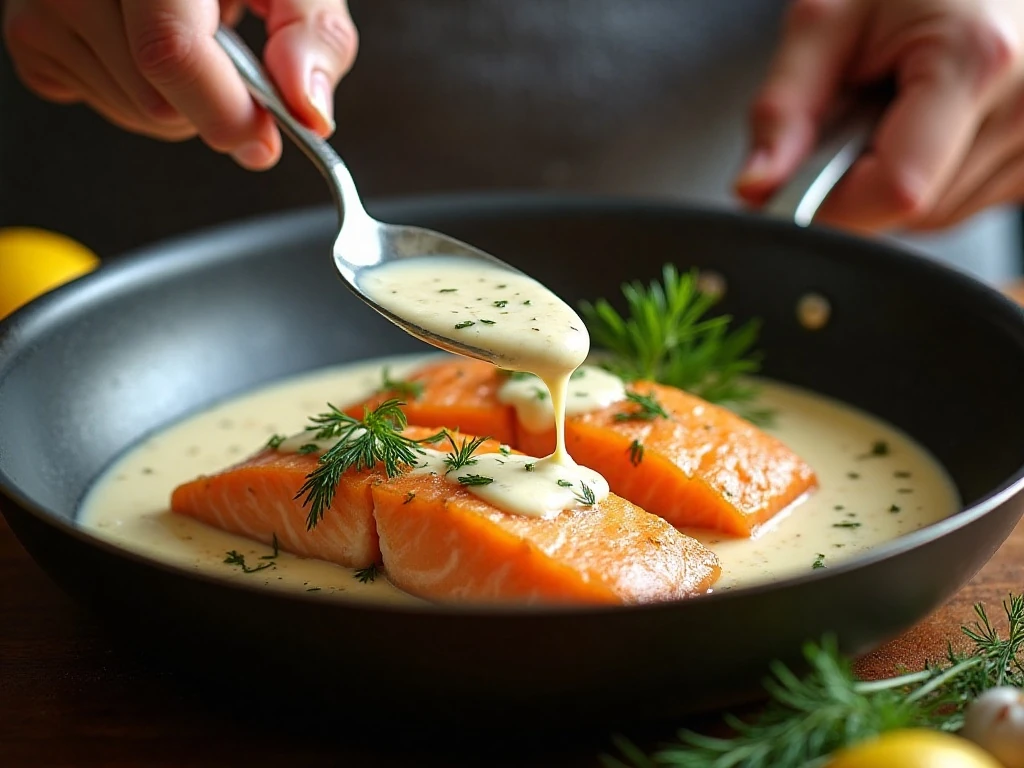 Creamy sauce spooned over salmon in a skillet