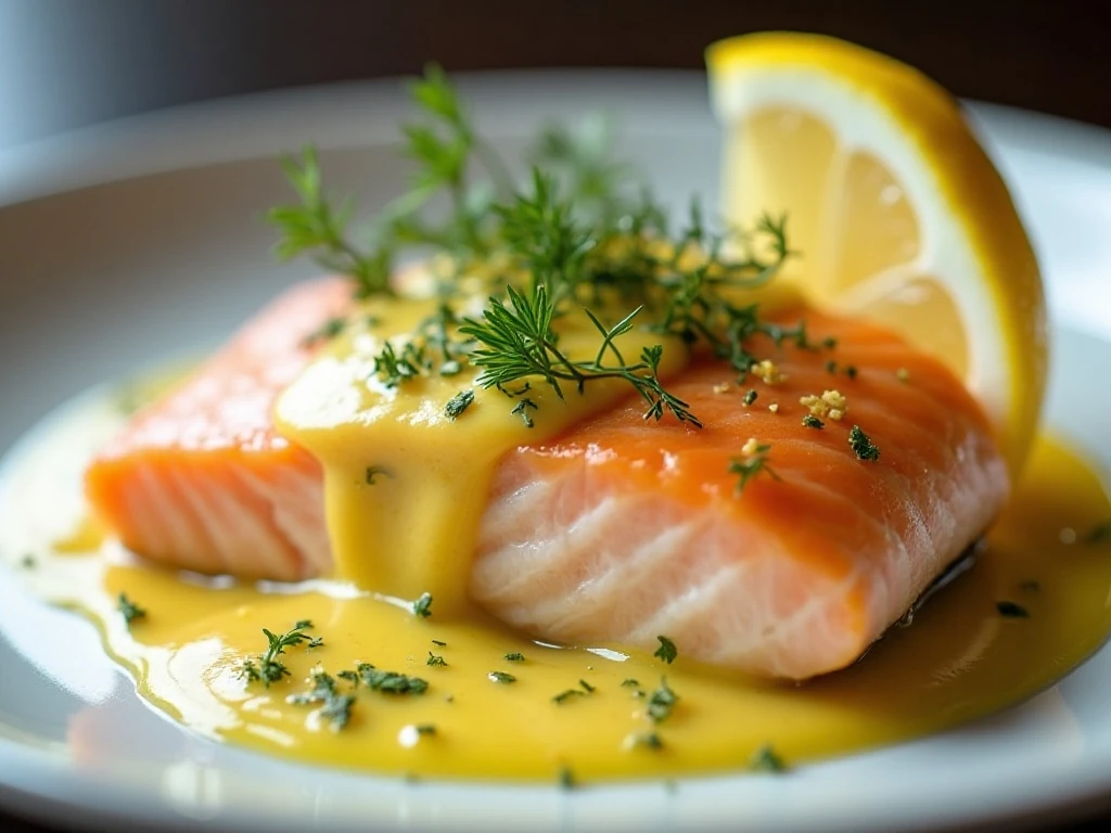 Close-up of lemon dill sauce and garnished salmon