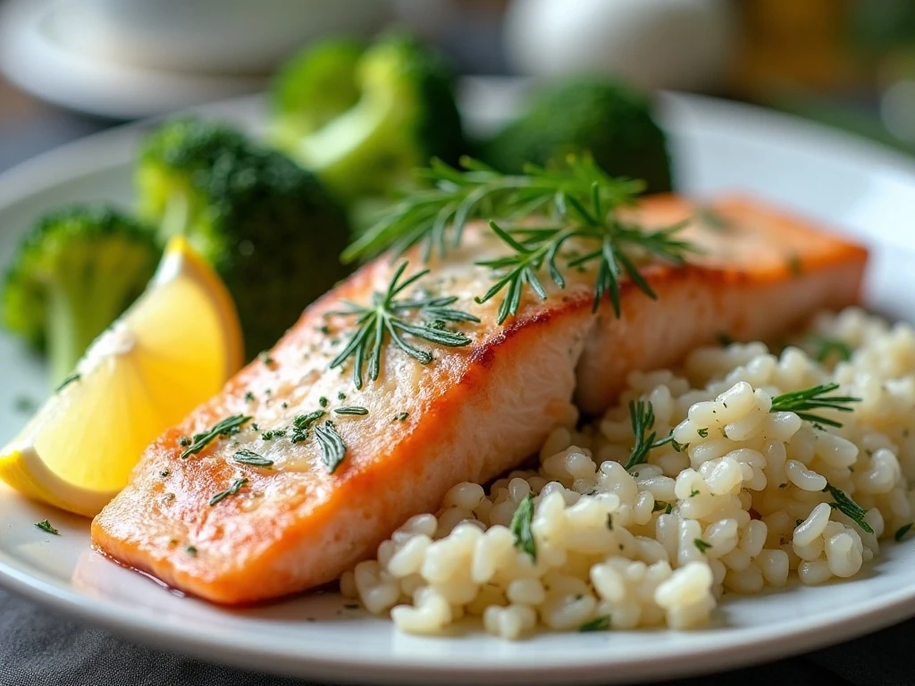 Creamy lemon dill salmon served with rice and broccoli