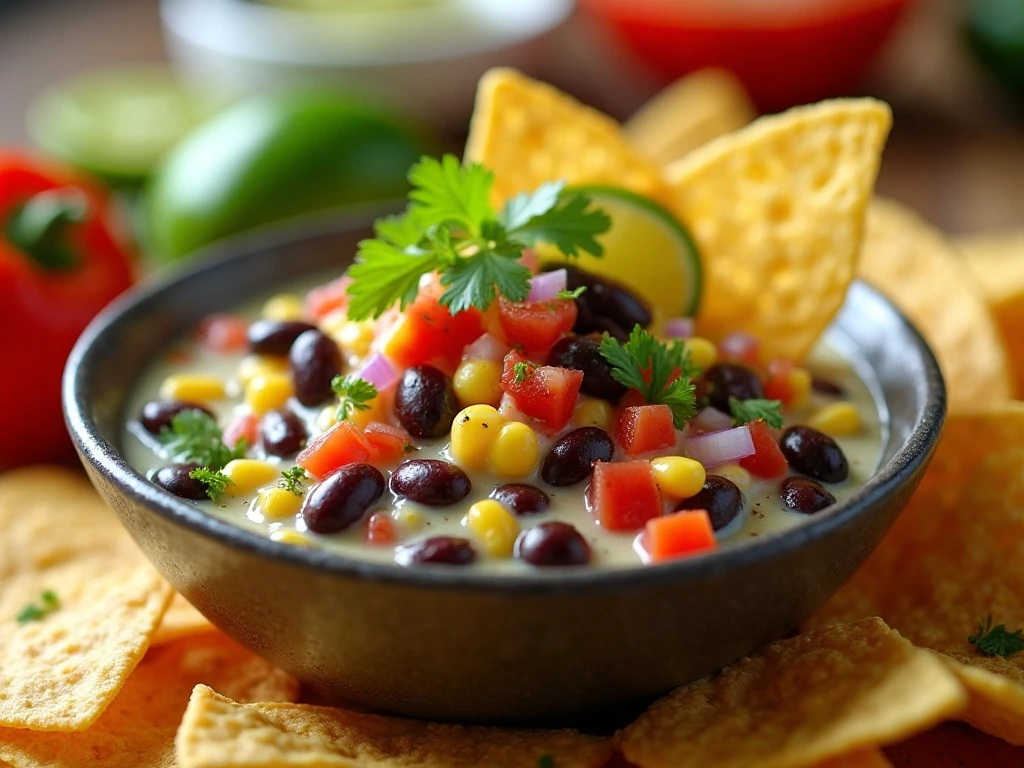 Creamy lime black bean and corn salsa served with tortilla chips