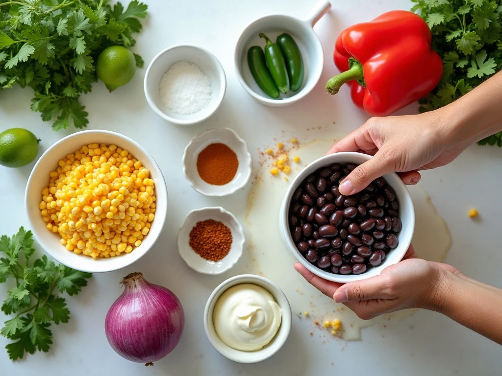 Ingredients for creamy lime black bean and corn salsa