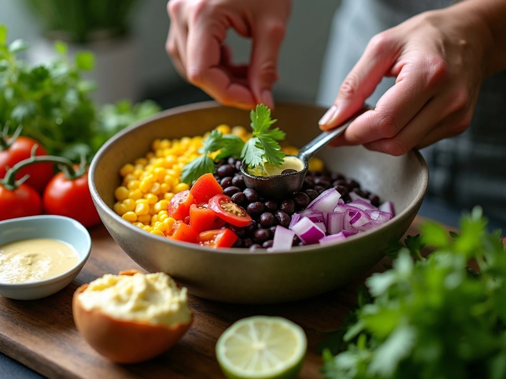 Combining vegetables, beans, corn, and creamy lime dressing