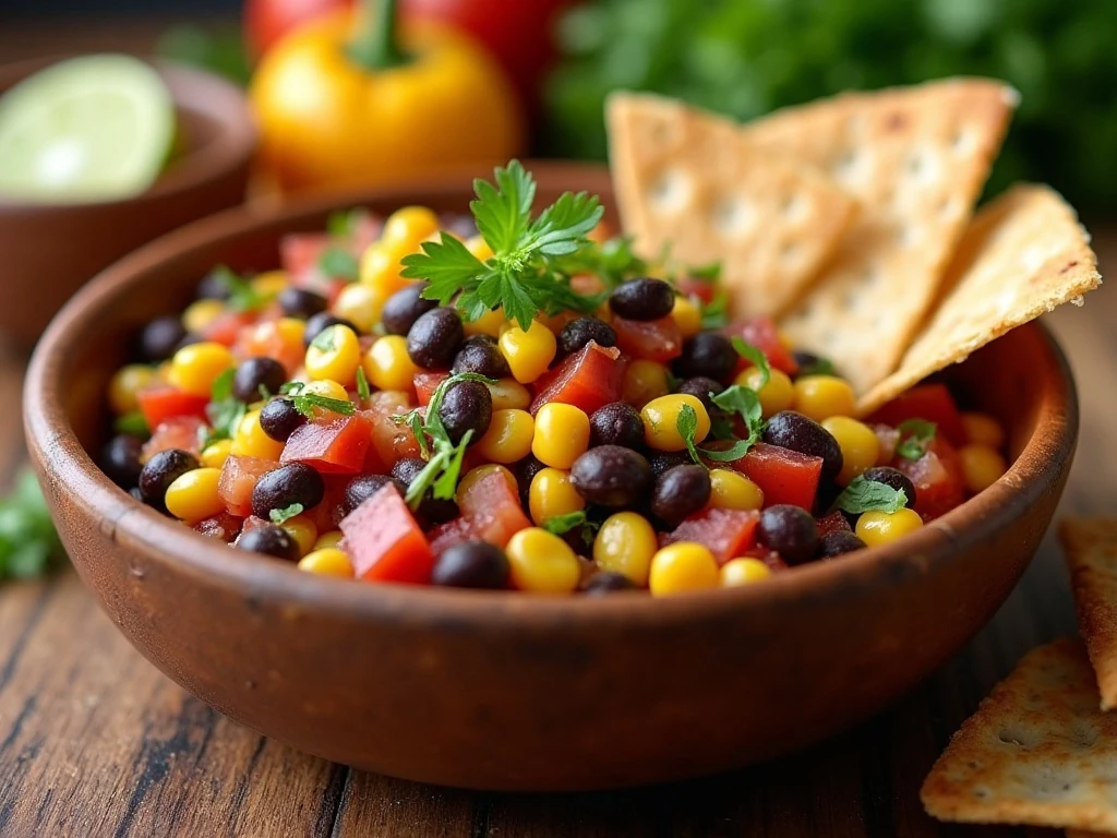 Black bean and corn salsa with chips, crackers, and toasted pita