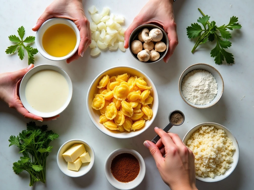 Ingredients for creamy mushroom tortellini