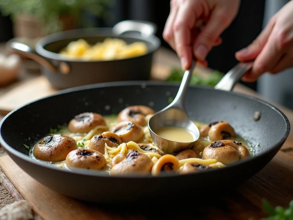 Mushrooms browning for creamy tortellini sauce