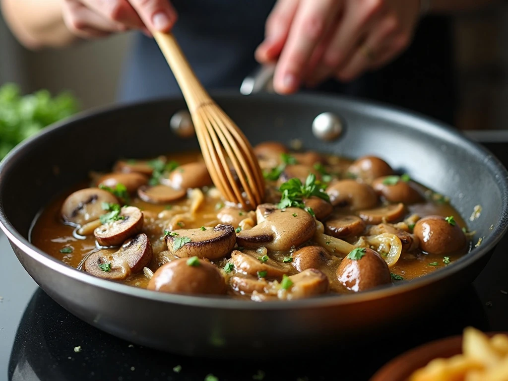 Creamy mushroom sauce thickening in a skillet