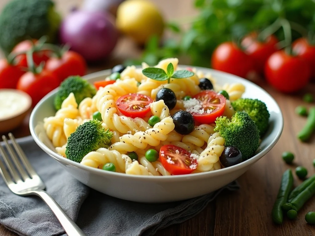 Creamy Parmesan pasta salad served in a bowl with colorful vegetables