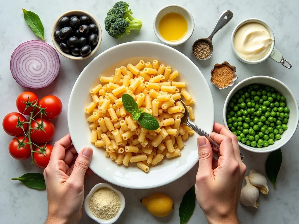 Ingredients for creamy pasta Parmesan salad arranged on a kitchen counter