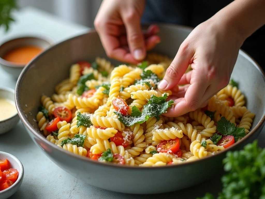 Mixing creamy Parmesan dressing with pasta and vegetables