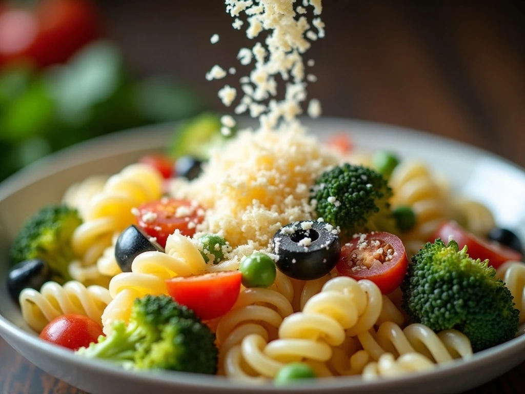 Finely grated Parmesan on creamy pasta salad with vegetables