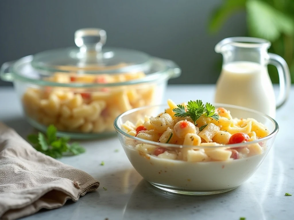 Make-ahead creamy pasta salad stored for serving later