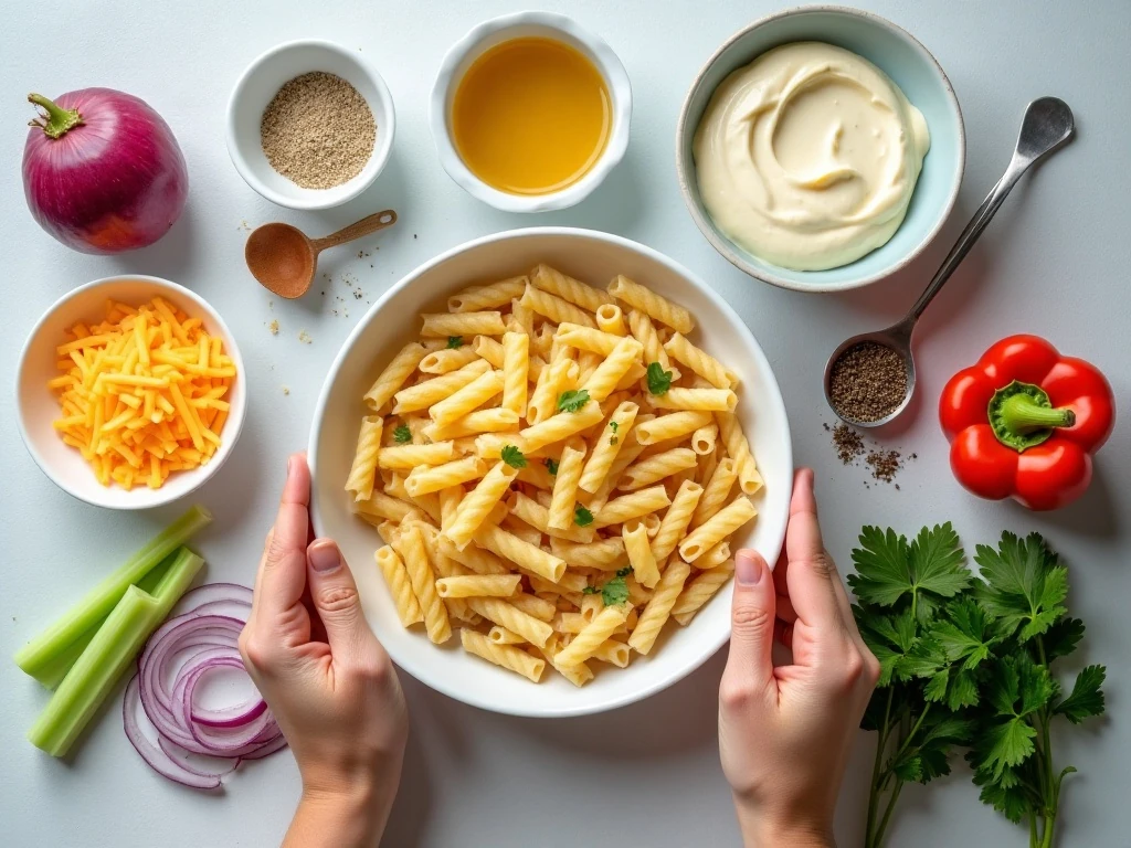 Ingredients for creamy pasta salad arranged on a kitchen counter