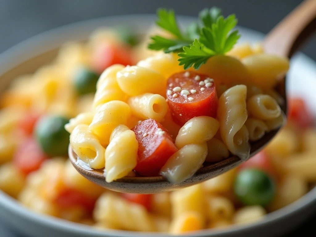 Close-up of creamy pasta salad texture with fresh parsley garnish