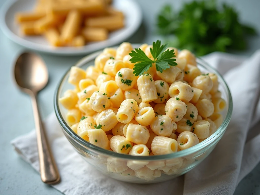 Chilled creamy pasta salad ready for serving at a picnic