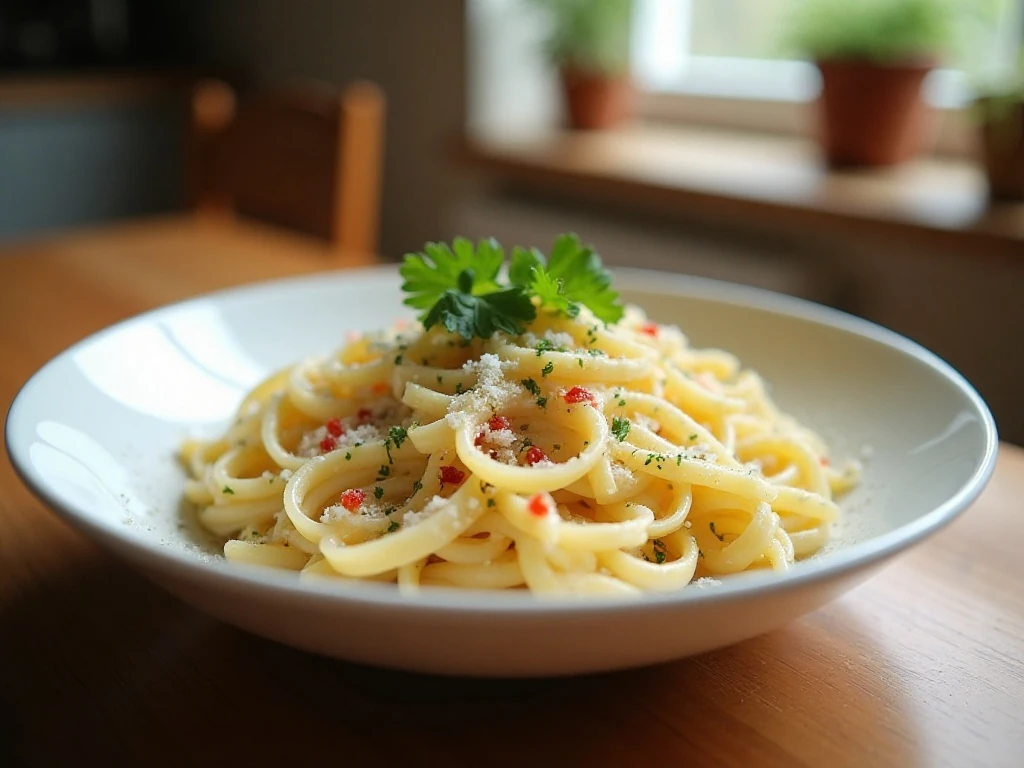 Creamy cauliflower pasta served with Parmesan, parsley, and red pepper flakes
