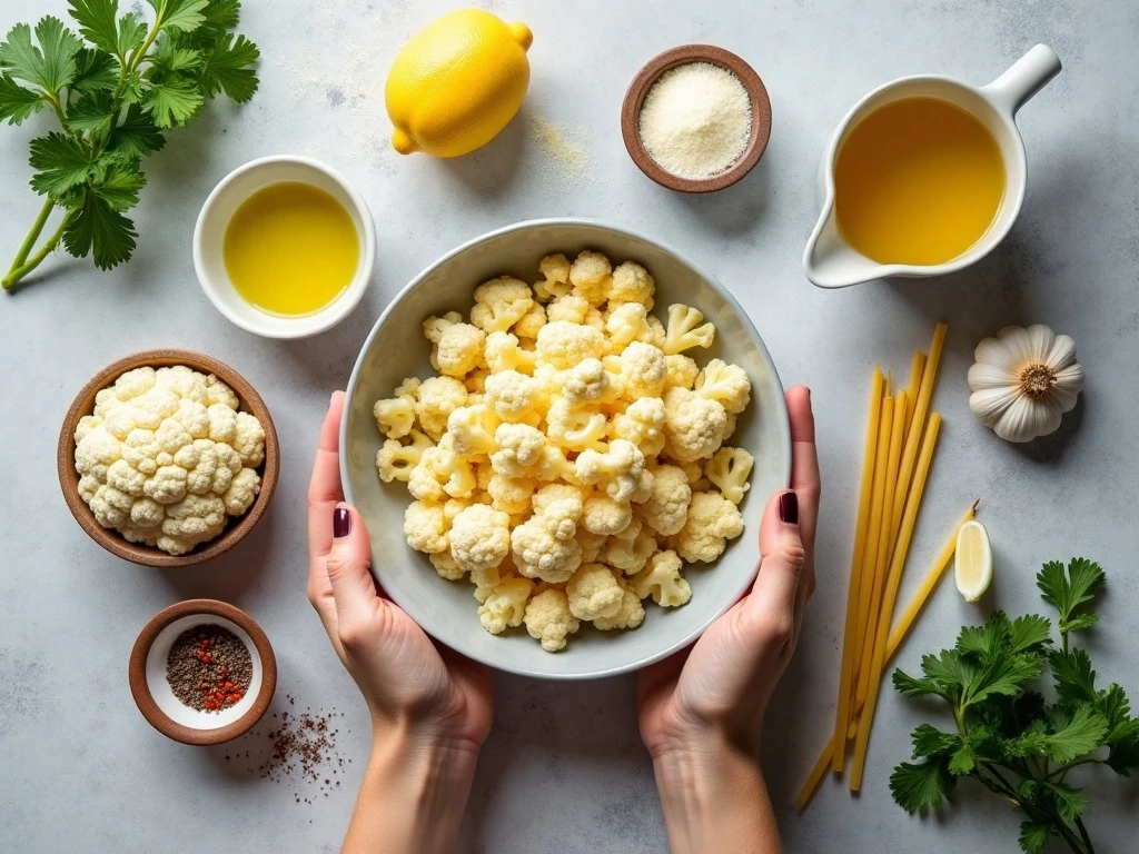 Ingredients for creamy cauliflower pasta arranged for cooking