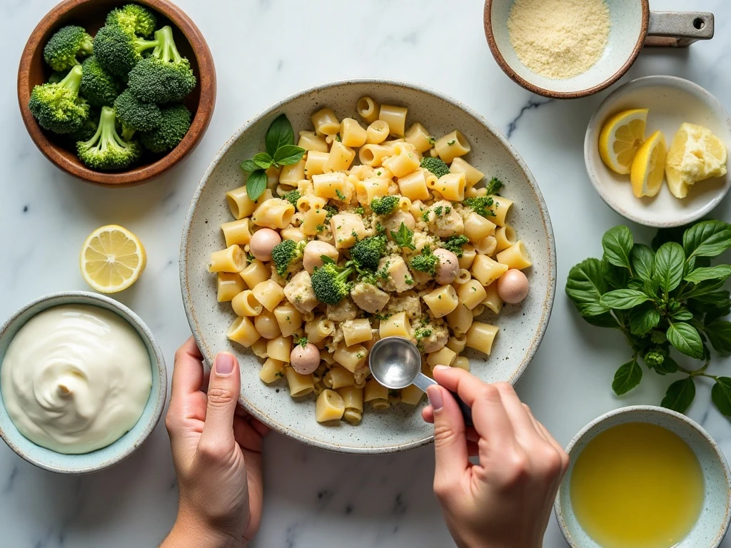 Ingredients for creamy pesto pasta with chicken and broccoli
