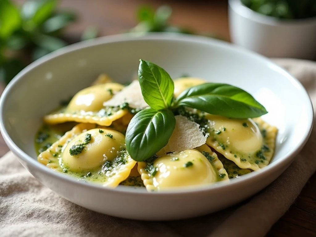 Creamy pesto ravioli served in a bowl with Parmesan and fresh basil