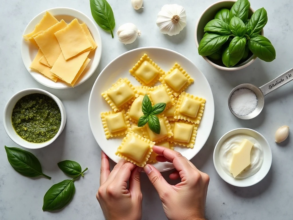 Ingredients for creamy pesto ravioli arranged on a kitchen counter