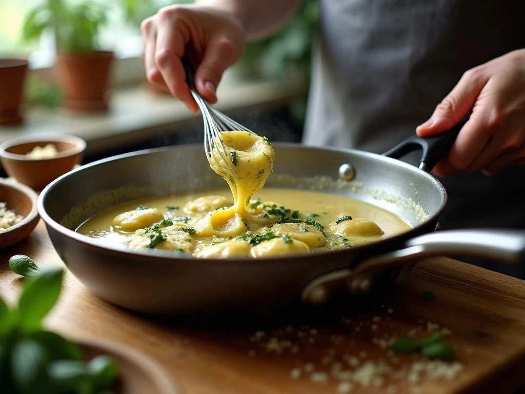 Preparing creamy pesto sauce for cheese ravioli in a skillet