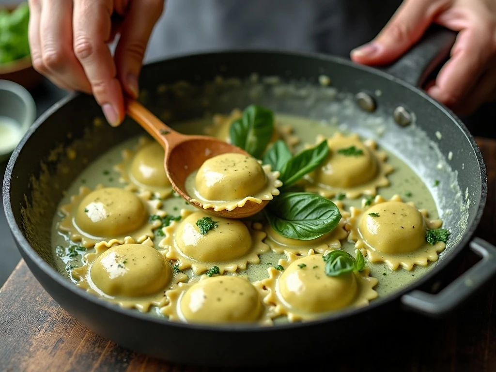 Tossing ravioli with silky pesto cream sauce