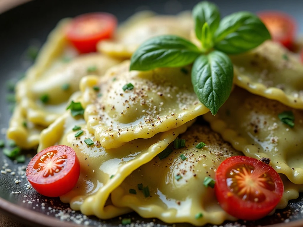 Close-up of Parmesan and basil garnishing creamy pesto ravioli
