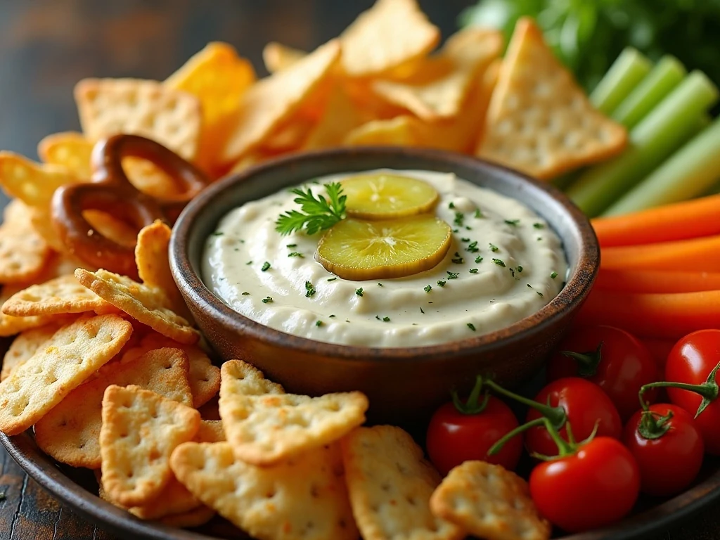 Creamy pickle dip served with chips, pretzels, crackers, and vegetables