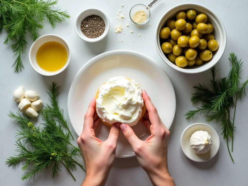 Ingredients for creamy dill pickle dip arranged in a flat lay