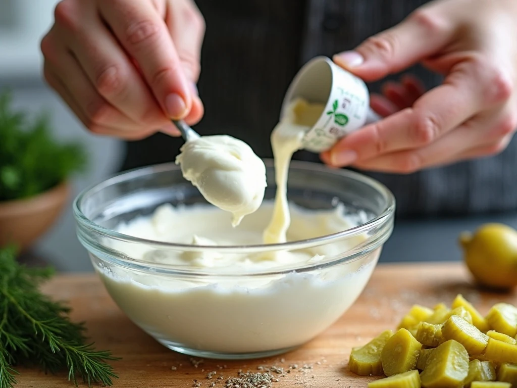 Mixing the creamy base for homemade pickle dip