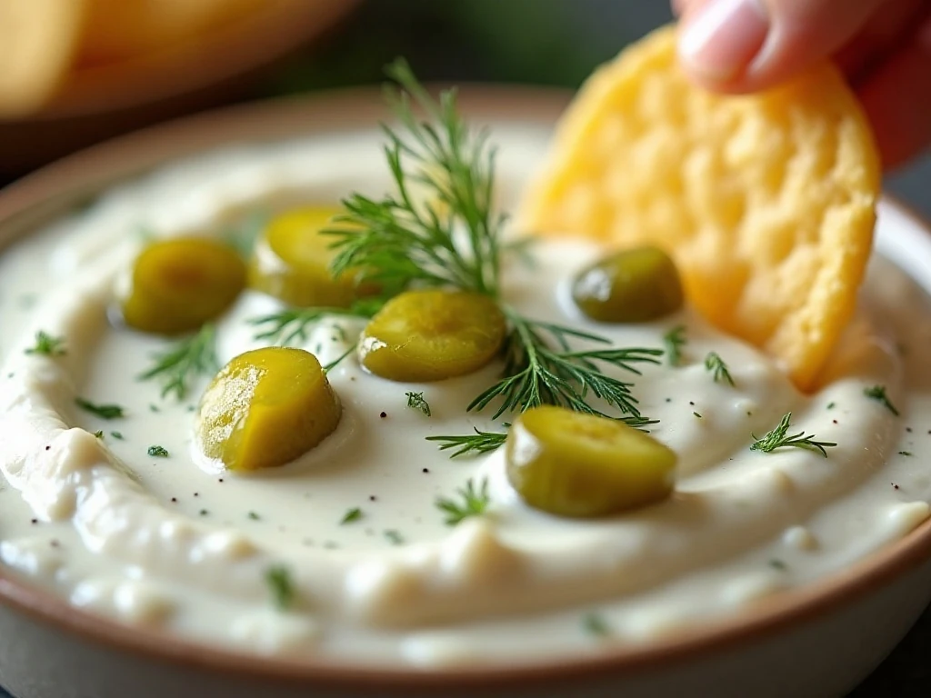 Close-up of creamy pickle dip topped with dill and chopped pickles