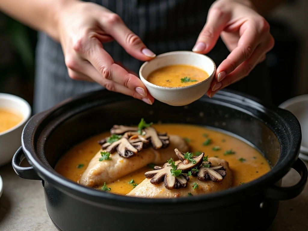 Preparing chicken and mushrooms in the slow cooker