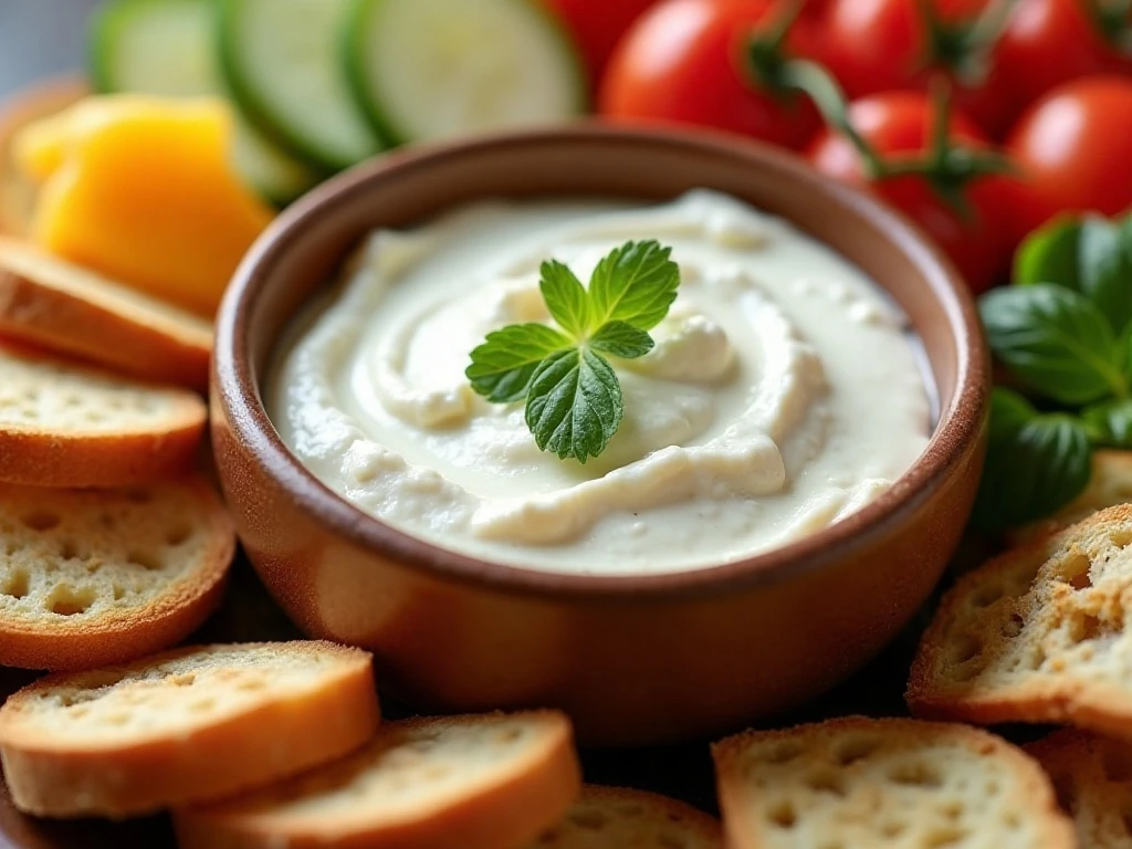 Creamy ricotta dip served with crostini, crackers, pita, and vegetables