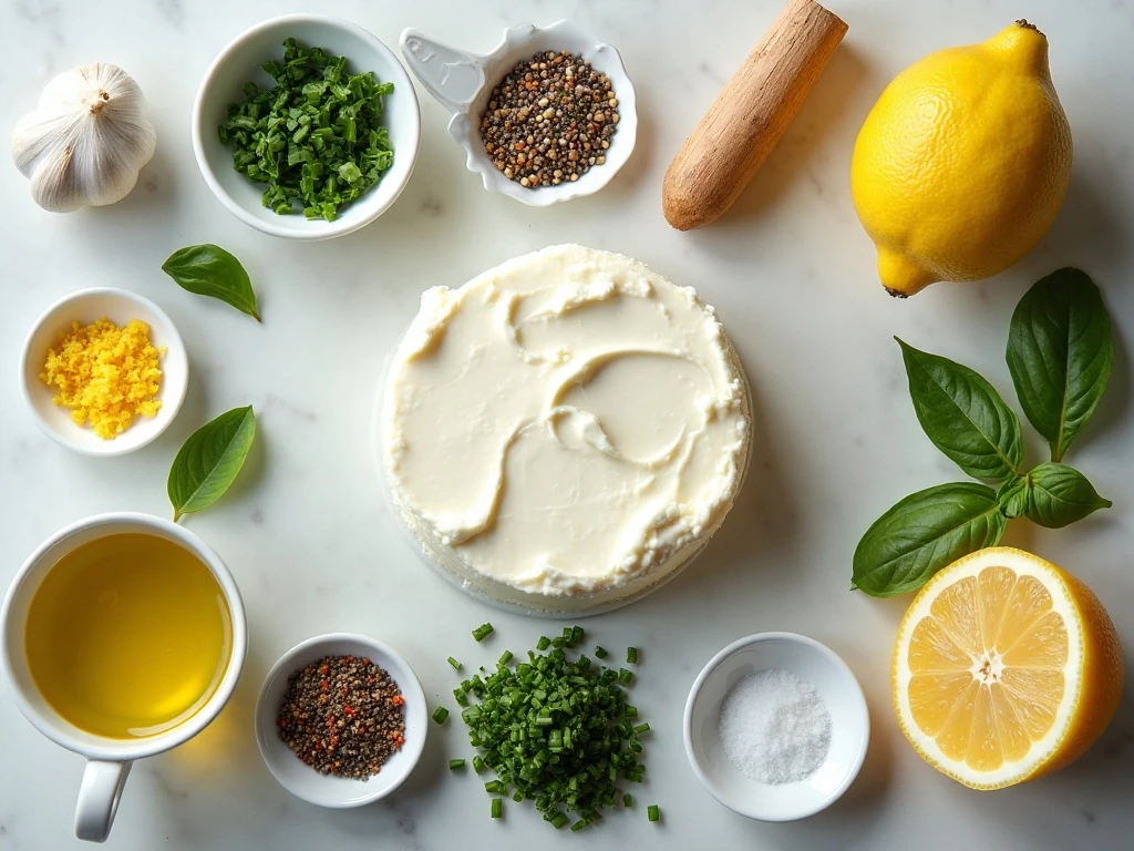 Ingredients for creamy ricotta dip arranged in a flat lay