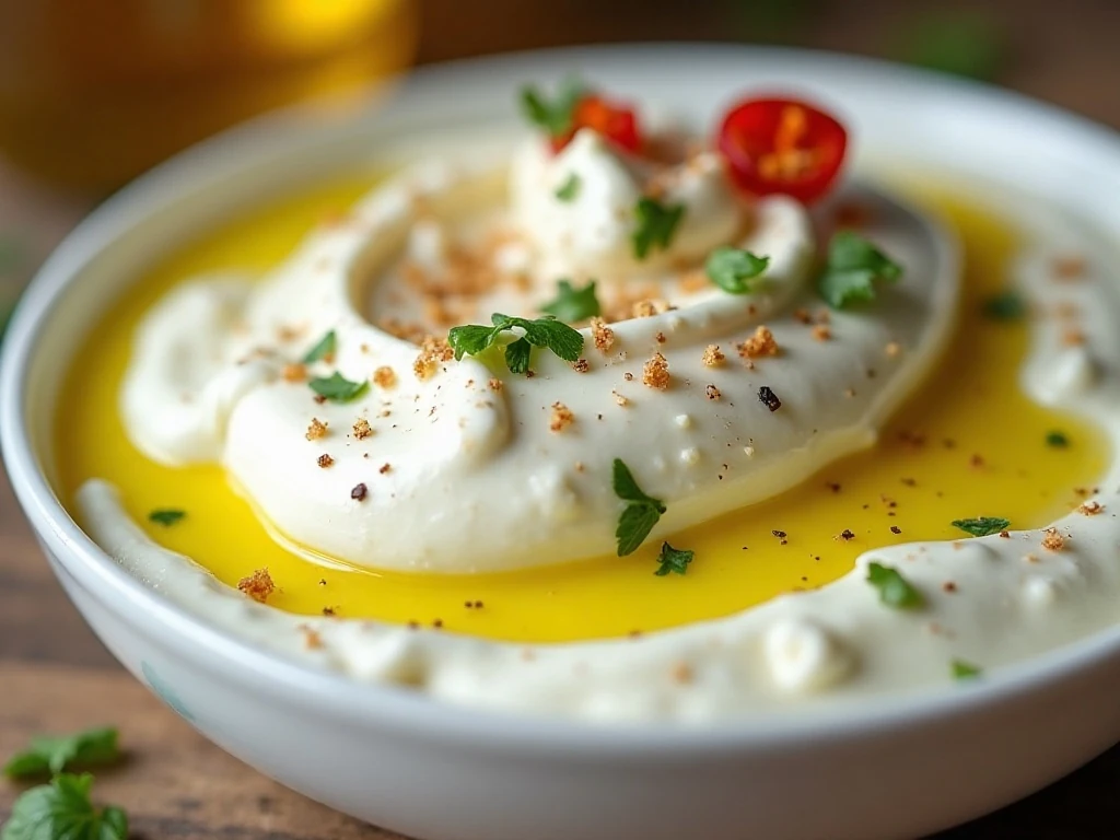 Close-up of creamy ricotta dip topped with herbs, olive oil, and flaky salt