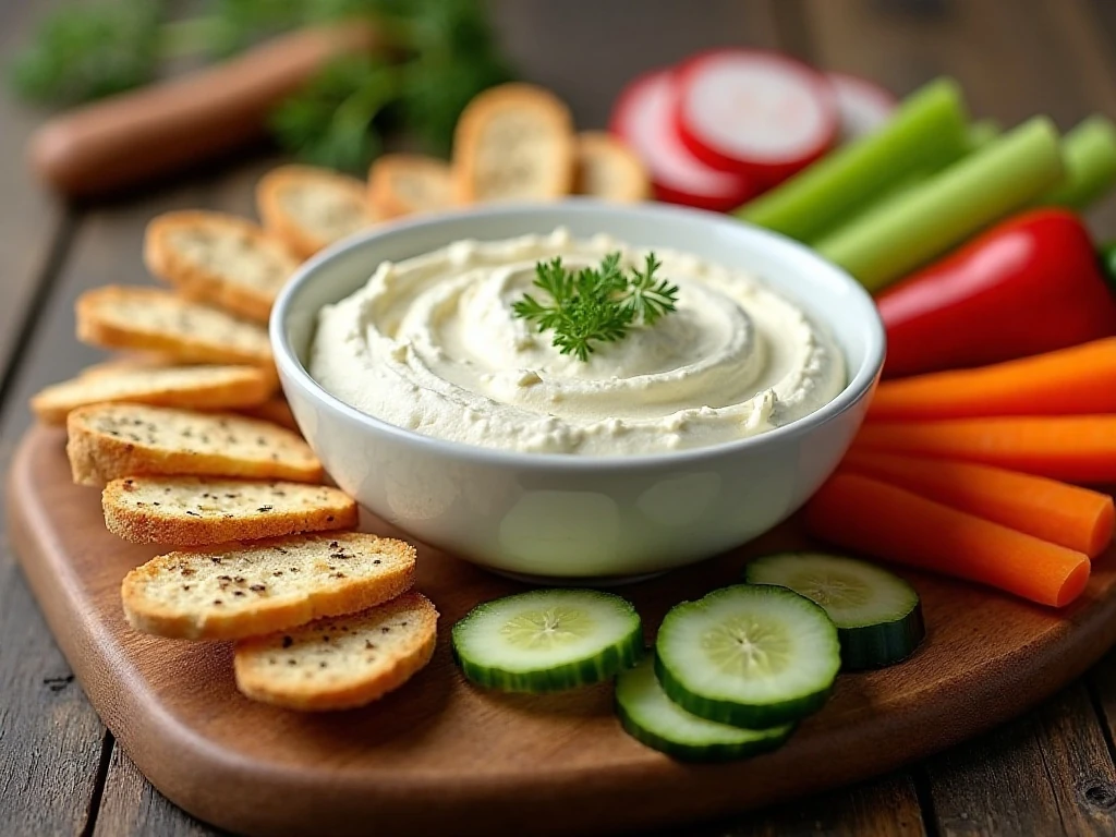 Ricotta dip appetizer platter with toasted bread, crackers, and fresh vegetables