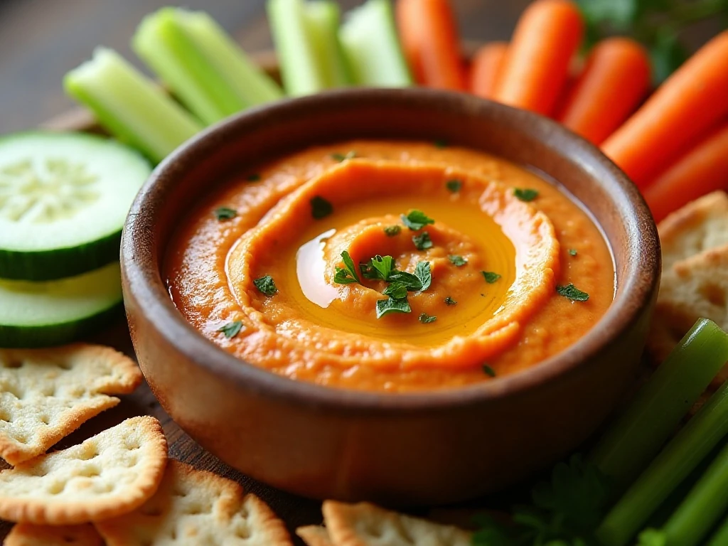 Creamy roasted red pepper dip served with pita, crackers, and fresh vegetables