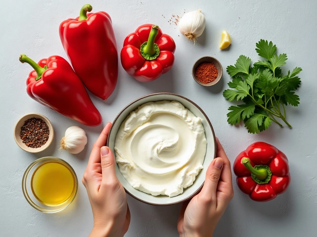 Ingredients for creamy roasted red pepper dip arranged on a kitchen counter